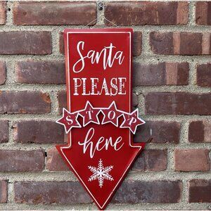 Vtg Style Metal Sign Santa Please Stop Here Arrow Red White Christmas Decor 17"